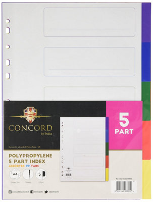 Concorde Concord Plastic Subject Dividers Polypropylene 120 Micron Europunched 5-Part A4 Assorted Ref 06801 from B&Q