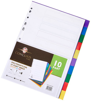 Concorde Concord Plastic Subject Dividers Polypropylene 120 Micron Europunched 10-Part A4 Assorted Ref 06901 from B&Q