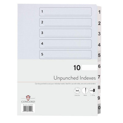 B&Q -  Concord Presentation Index Unpunched White Mylar Tabs 1-10 A4 White Ref 75201 Pack Of 10