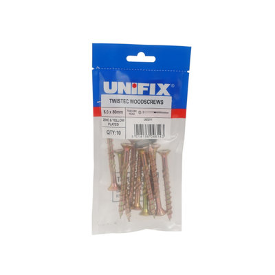 Unifix Twistec Woodscrews Csk Head Zyp Tx40 8.0 X 80mmUbtts08080Bag Of 10Box Of 50 from B&Q