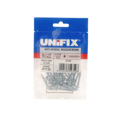 Unifix Anti-Vandal Woodscrews Slotted Raised C/sunk10G X 1.1/2"Ub9Tqclutch/031Box Of 250 from B&Q