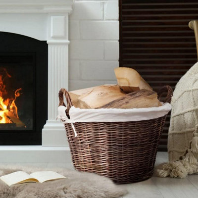  - Large Round Brown Rustic Wicker Fireside Log Basket With Removable Washable Cotton Liner HolderFire161