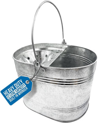 B&Q -  Galvanised Metal Mop Bucket With Wringer 12L Heavy Duty Vintage Steel Bucket