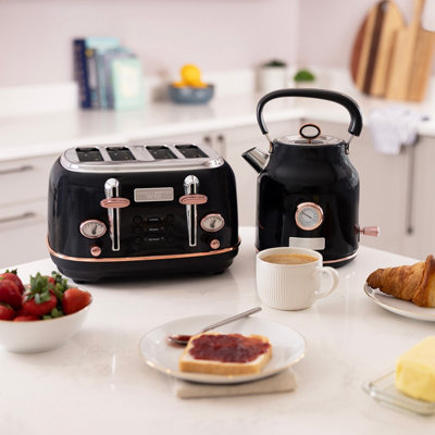 Charles Bentley Black/Gold Kettle & 4 Slice Toaster Set & Rose Fast Boil 1.7L