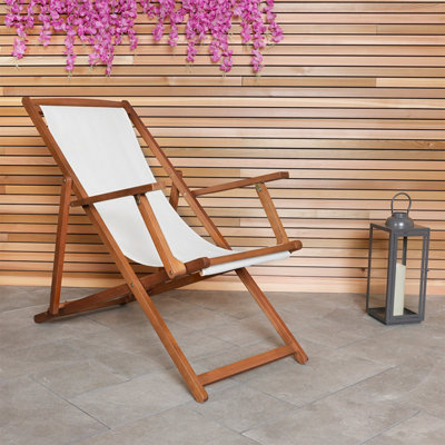 Charles Bentley Folding Fsc Eucalyptus Wooden Deck Chair Beach Sun Lounger Cream from B&Q