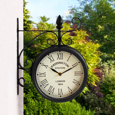 B&Q -  Black Paddington Double Sided Faced Metal Garden Outdoor Wall Clock Numerals