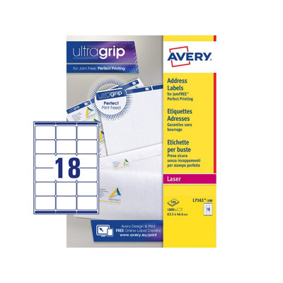 Avery PrintableCustomisable Address Mailing LabelsLaser Printers18 Labels Per A4 Sheet1800 LabelsUltragrip (L7161), from B&Q