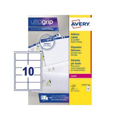 Avery JamfreePrintableAddress LabelsCustomisable99.1 X 57 mmWhite10 Labels Per Sheet1000 Blank Labels Per Pack from B&Q