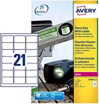 Avery WeatherproofPrintableHeavy Duty LabelsCustomisable63.5 X 38.1mmWhite21 Labels Per Sheet420 Blank Labels Per from B&Q