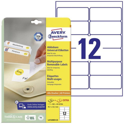 Avery RemovablePrintableMulti Purpose LabelsMulti Surface99.1 X 42.3 mmWhite12 Labels Per Sheet300 Blank Labels Per from B&Q