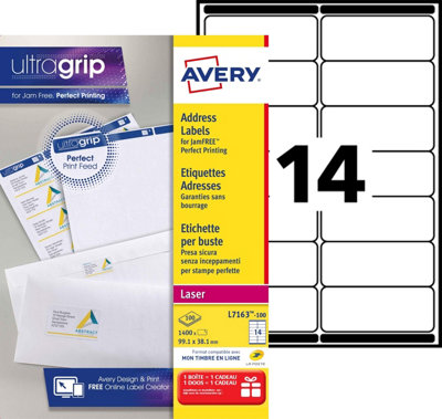 Avery JamfreePrintableAddress LabelsCustomisable99.1 X 38.1 mmWhite14 Labels Per Sheet1400 Blank Labels Per Pack from B&Q