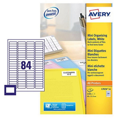Avery JamfreePrintableMini Multipurpose LabelsCustomisable46 X 11.1 mmWhite84 Labels Per Sheet2100 Blank Labels Per from B&Q