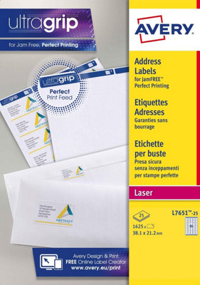 Avery JamfreePrintableAddress LabelsCustomisable63.5 X 38.1 mmWhite65 Labels Per Sheet1625 Blank Labels Per Pack from B&Q