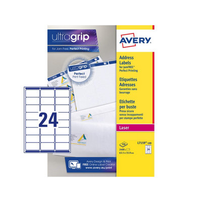 Avery JamfreePrintableAddress LabelsCustomisable63.5 X 33.9 mmWhite24 Labels Per Sheet2400 Blank Labels Per Pack from B&Q