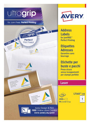 Avery L7165 PrintableCustomisable Address Mailing LabelsLaser Printers8 Labels Per A4 Sheet2000 LabelsUltragripWhite, from B&Q