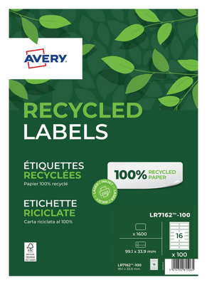 Avery PrintableCustomisable Recycled Address Mailing LabelsLaser Printers16 Labels Per A4 Sheet1600 Per PackQuickpeel from B&Q