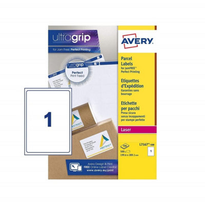 Avery PrintableCustomisable Parcel Shipping LabelsLaser Printers1 Label Per A4 Sheet500 LabelsBlockout (L7167)White, from B&Q