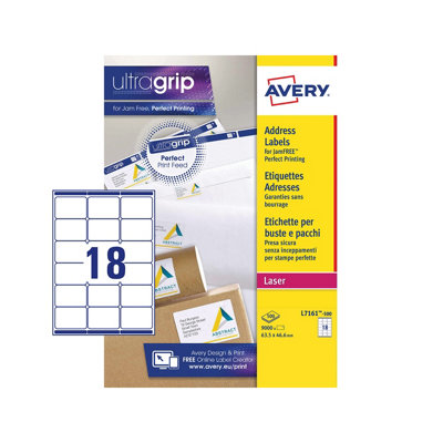 Avery L7161 PrintableCustomisable Address Mailing LabelsLaser Printers18 Labels Per A4 Sheet9000 LabelsUltragripWhite from B&Q