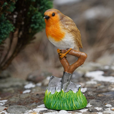 Burgess Resin Robin On Spade Statue Home Garden British Bird Sculpture Outdoor Ornament Robins Appear British Gift from B&Q