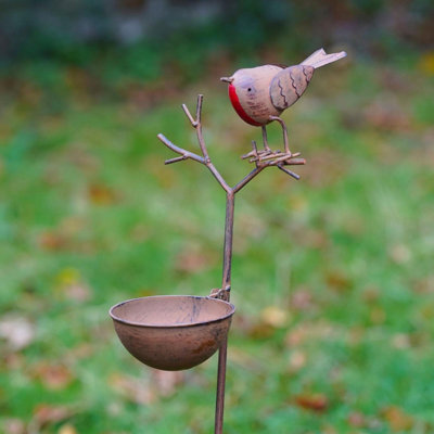 Burgess Robin On Twig Bird Feeder Bath Metal Garden Ornament Outdoor Statue Decoration British Bird Watcher Gardening Large Gift from B&Q