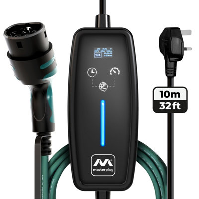 Masterplug Type 2 EV Charging Cable - 10m, 3 Pin UK Plug, Mode 2 Portable Charger, 2.4kW, Green - Image 2