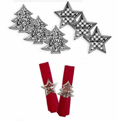 Shop4allsorts Christmas Napkin Rings 6 Silver Serviette Holder Ring Christmas Tree & Star from B&Q