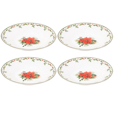 Yes-Online Set Of 4 Bowls Christmas Holly Porcelain Festive Dinner Setting Xmas Decor from B&Q