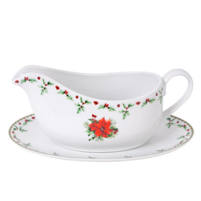 Yes-Online 350Ml Gravy Boat Saucer Holly Range Porcelain Jug Festive Christmas Dinner from B&Q