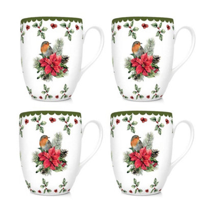 Yes-Online Set Of 4 Festive Holly Robin And Poinsettia Christmas Mugs Xmas Gift Porcelain from B&Q