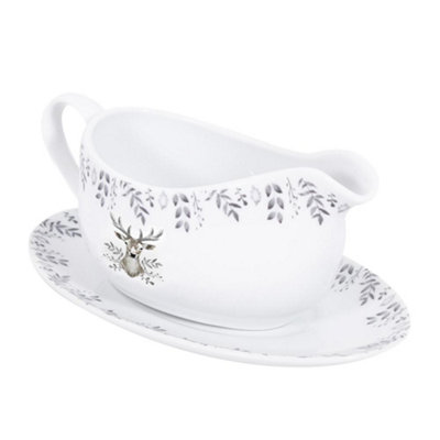 Yes-Online 350Ml Gravy Boat Saucer Silver Stag Porcelain Jug Festive Christmas Dinner Setting from B&Q