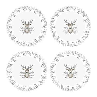 Yes-Online Set Of 4 Side Plates Christmas White And Grey Stag Design Porcelain Festive Dinner from B&Q