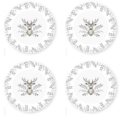 Yes-Online Set Of 4 Dinner Plates Christmas White And Grey Stag Design Porcelain Festive Dinner from B&Q