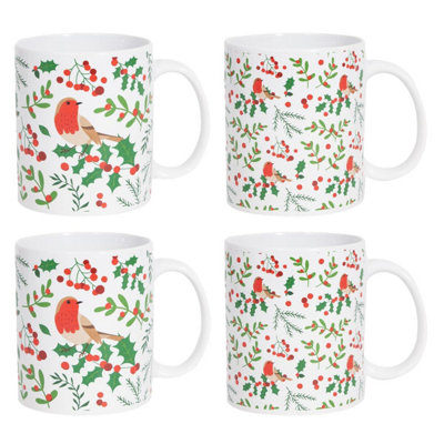 Yes-Online Christmas Robin Mugs Pack Of 4 Red Green Holly Tea Coffee Festive Hot Chocolate from B&Q
