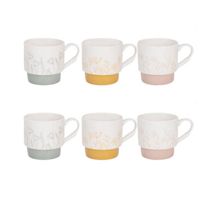 Stackable Ceramic Coffee Mugs 6Pcs Floral Embossed Designs Decorative Cups 310Ml from B&Q
