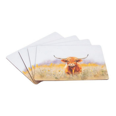 Placemat Set Of 4 Highland Cow Design Rectangle Mdf Cork Anti-Slip Tableware from B&Q