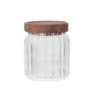 Glass Jar With Wooden Lid Small Ribbed Canister 400Ml Kitchen Storage Container from B&Q
