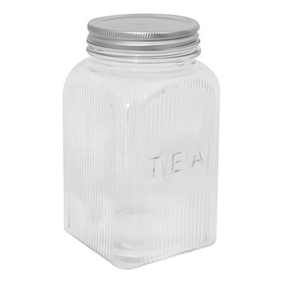 Tea Canister Square Glass 1.3L Clear Ribbed Jar Silver Lid Embossed Storage from B&Q