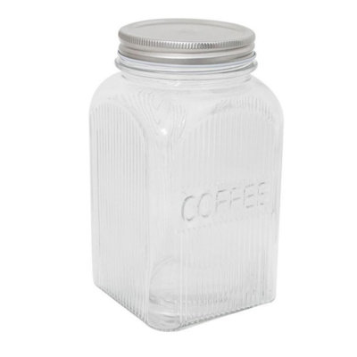 Coffee Canister Square Glass 1.3L Clear Ribbed Jar Silver Lid Embossed Storage from B&Q