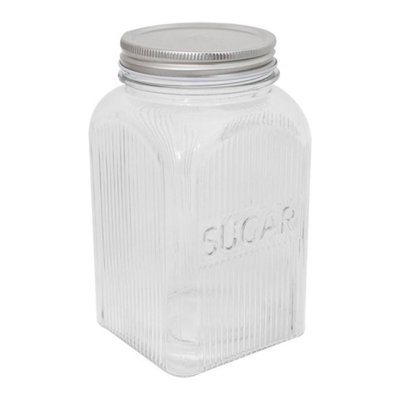 Sugar Canister Square Glass 1.3L Clear Ribbed Jar Silver Lid Embossed Storage from B&Q
