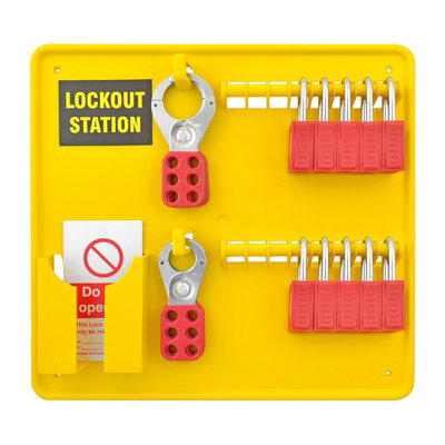 B&Q Lockout Station Board Filled 22 Piece Yellow 10 Padlocks-10 Lockout Tags-2 Hasps Complete With Wall Fixings