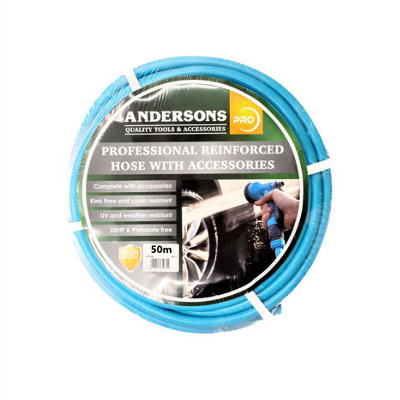 Andersons 50M Reinforced Garden Hose PipeBlueComplete With AccessoriesKink Free & Crush Resistant from B&Q