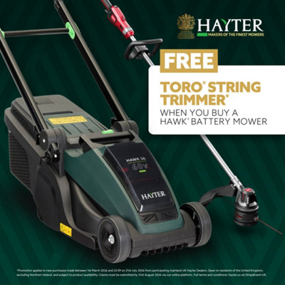 Hayter Hawk 43 Cordless 60V Lawnmower Self-Propelled C/w 4.0Ah Battery & Charger + Free Toro String Trimmer from B&Q