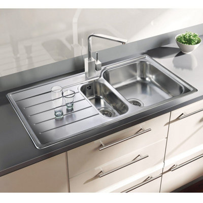 Rangemaster Oakland Kitchen Sink 1.5 Bowl Left Hand Stainless Steel Inset Waste from B&Q