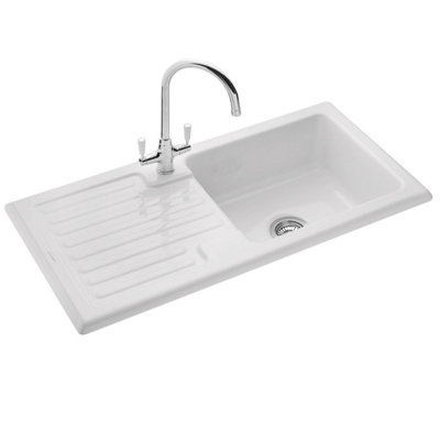B&Q -  Rustic Kitchen Sink Single Bowl White Ceramic Inset Reversible Waste