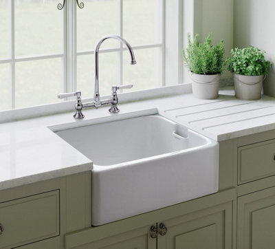 Rangemaster Farmhouse Belfast Kitchen Sink Single Bowl Ceramic White Free Waste