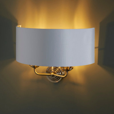Anson Lighting Haywood Antique Brass With Vintage White Faux Silk Shade Classic Modern 2 Light Wall Light from B&Q