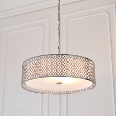Anson Lighting Cuba 3Lt Pendant Light Finished In Satin Nickel PlateWhite Fabric And Frosted Glass from B&Q
