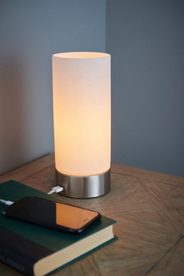 Anson Lighting Frankie Brushed Nickel And Opal Duplex Glass Table Lamp from B&Q