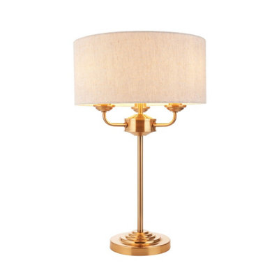 Luminosa Ing Luminosa Highclere Table Lamp With Round Shade Vintage Brass, Natural Linen, 3X E14 Light