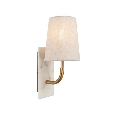 Luminosa Lighting Luminosa Calista Wall Lamp Vintage Brass FinishWhite Marble Effect & Natural Linen 7W Led E14 from B&Q